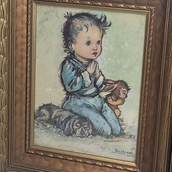 Vtg Ornate Gold Framed Boy & Girl Praying Prints Framed Art Nursery Room Decor - Picture 7 of 10